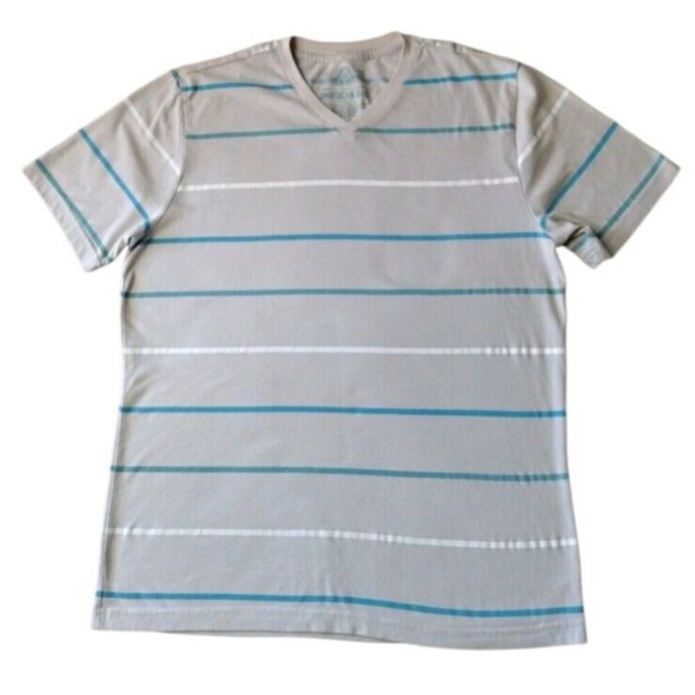 American Rag T Shirt Woman M Tan Blue Striped Juniors‎ V Neck Short Sleeves